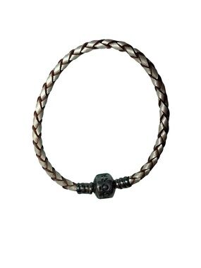 PANDORA AUTHENTIC Braided Leather Beaded Bracelet in Silver and Brown .925